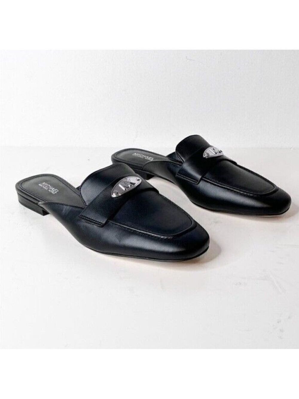 MICHAEL Michael Kors BNWT "Ashley" black logo plate mules women NEW